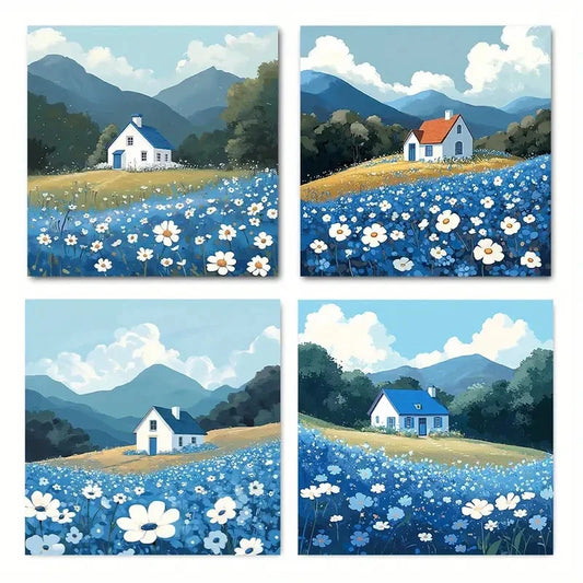 4pcsVibrant Bluebells & CottageWall Art Canvas Framed