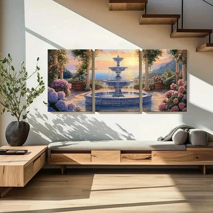 3pcs Sunset Fountain Garden Flowers Fancy Metal Print Ready to Hang Art - Bella Home Decor