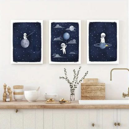 3pcs Astronaut Space Art Blue Moon & Stars Metal Print Ready to Hang Art - Bella Home Decor