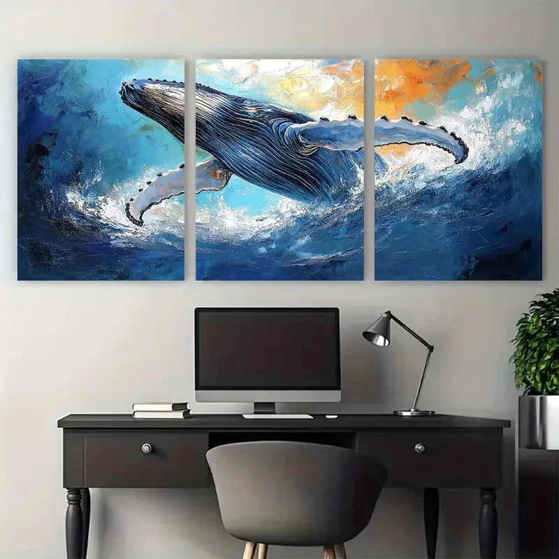 3pcs Humpback Whale Impasto Ocean Design Wall Art Set Canvas Framed 60x90cm - High Quality Print 100% Australian Made Wall Canvas Ready to Hang