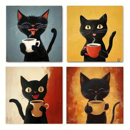 4pcs Charming Black Cat with Coffee Mug Wall Art Canvas Framed