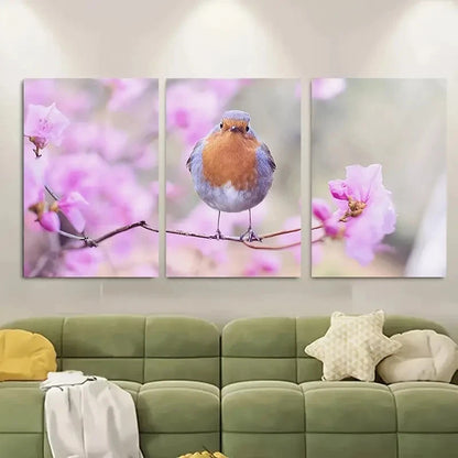 3pcs Vibrant Cherry Blossom and Bird Design Metal Print Ready to Hang Art