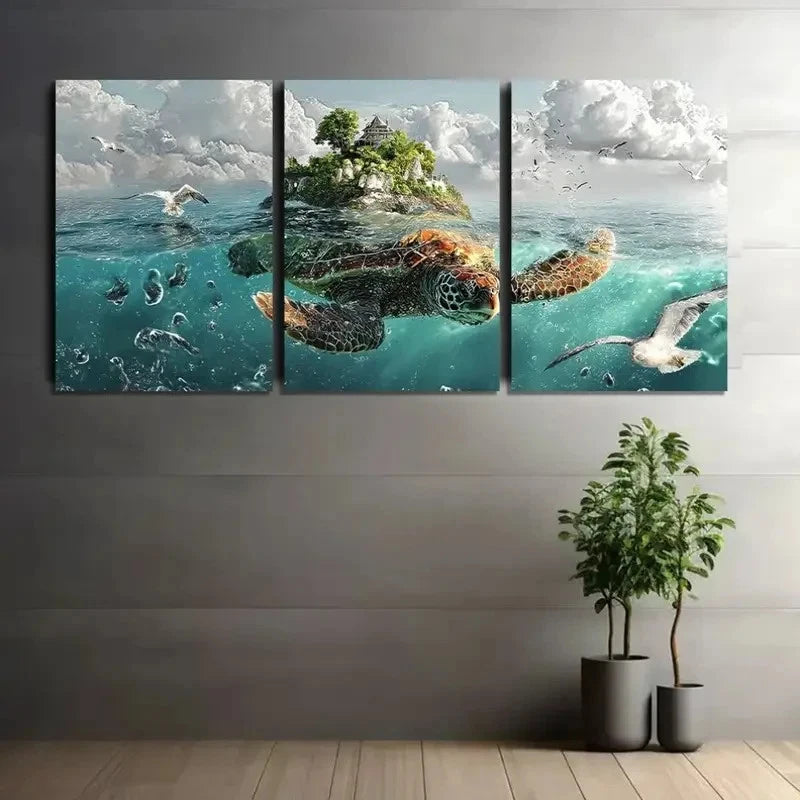 3pcs Abstract Turtle in the Ocean Metal Print Ready to Hang Art - Bella Home Decor