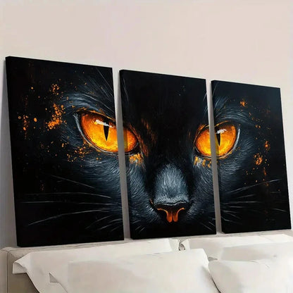 3pcs Whimsical Black Cat Orange Eyes S  Wall Art Set Canvas Framed 50x70cm - High Quality Print 100% Australian Made Wall Canvas Ready to Hang - Bella Home Decor