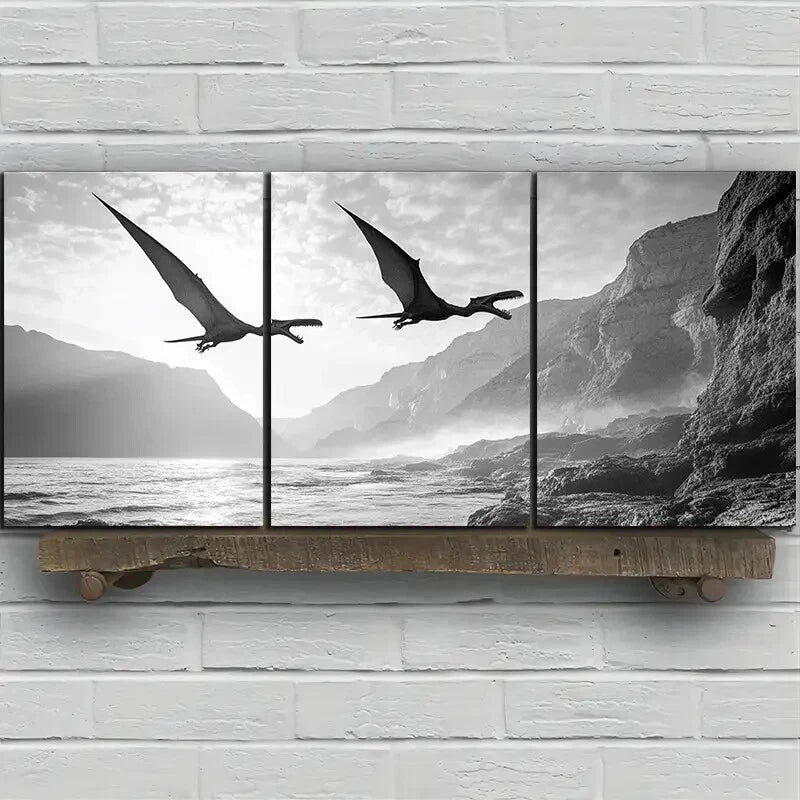 3pcs Dragons Flying On The Coast Metal Print Ready to Hang Art - Bella Home Decor