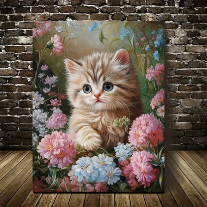 Cute Persian Kitten & Floral Botanical Painting 40x60cm Metal Print Ready to Hang - Bella Home Decor