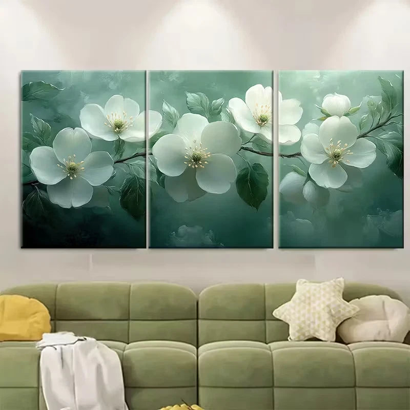 3pcs Elegant White and Green Floral Metal Print Ready to Hang Art
