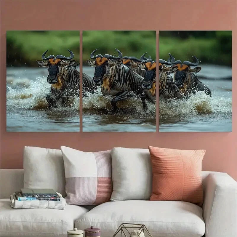 3pcs Wildebeest Migration Mara River Crossing Metal Print Ready to Hang Art - Bella Home Decor