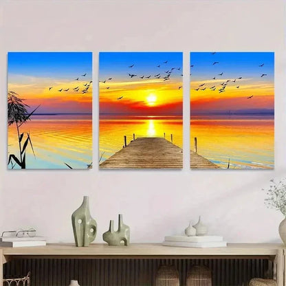 3pcs Sunset Dock Orange Yellow Blue Sunset Wall Art Set Canvas Unframed - High Quality Print 100% Australian Made Wall Canvas