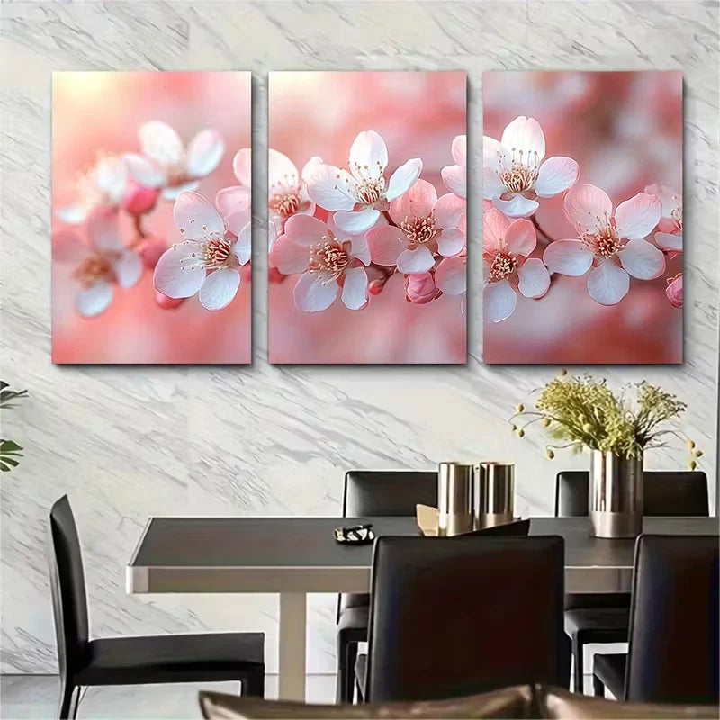 3pcs Delicate Pink White Blossom Bouquet Metal Print Ready to Hang Art - Bella Home Decor