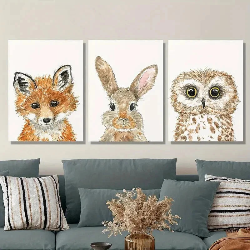 3pcs , Cute Fox Rabbit Owl, Woodland Metal Print Ready to Hang Art