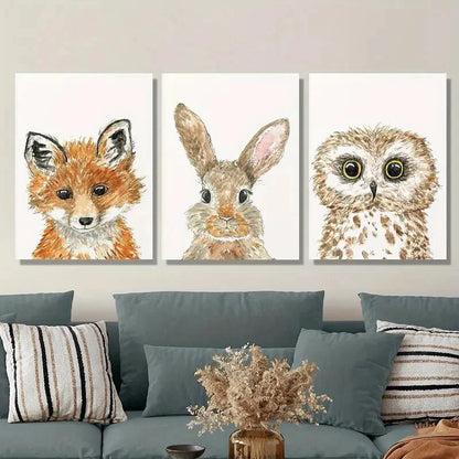 3pcs , Cute Fox Rabbit Owl, Woodland Metal Print Ready to Hang Art