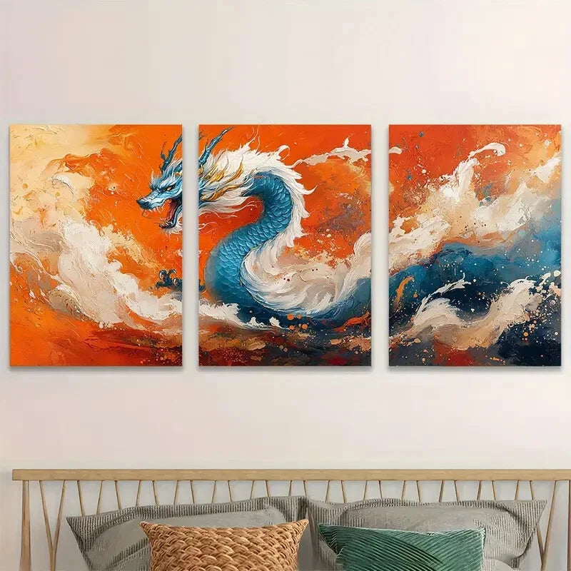 3pcs Vibrant Blue and Golden Dragon Fiery Orange Metal Print Ready to Hang Art - Bella Home Decor