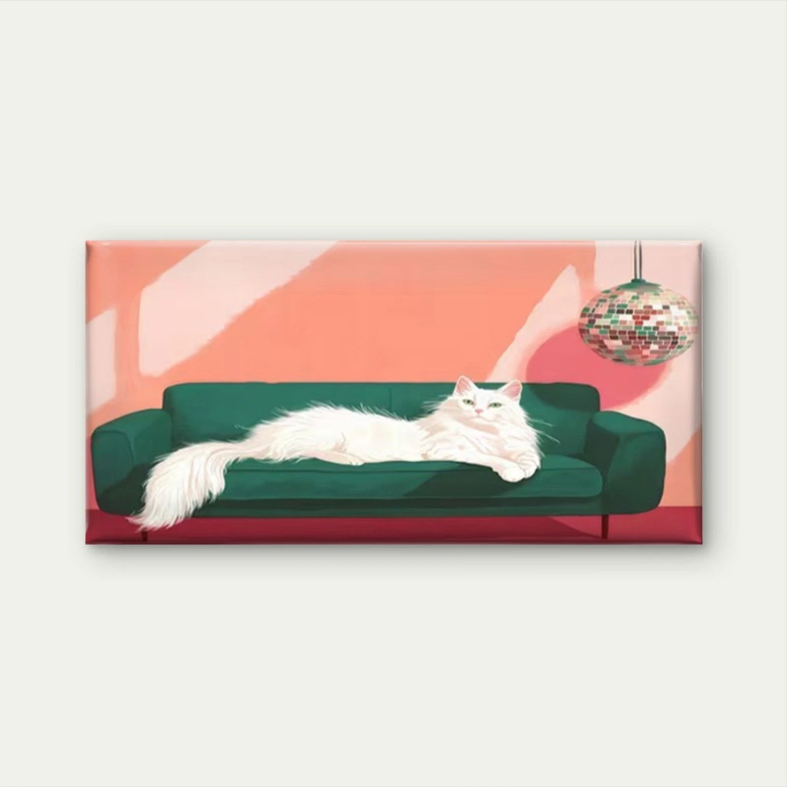 White Cat on Green Sofa Wall Art Canvas Office Home Room Framed 120x60cm - Bella Home Decor