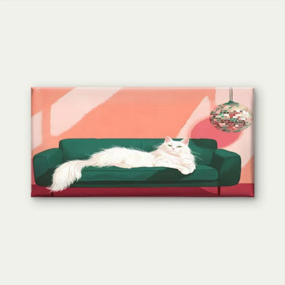 White Cat on Green Sofa Wall Art Canvas Office Home Room Framed 120x60cm - Bella Home Decor