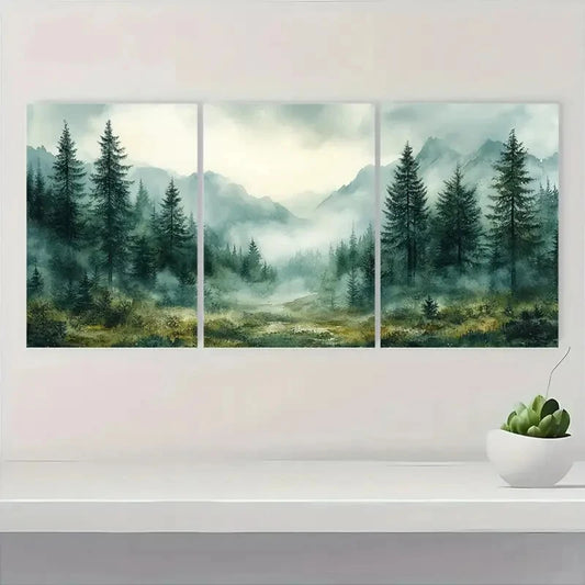 3pcs  Misty Forest Scene with Evergreen Trees Metal Print Ready to Hang Art