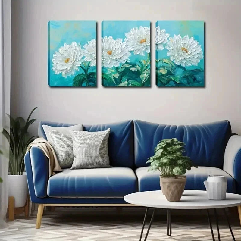 3pcs White Flowers Blooming Blue-Green Perfect Wall Art Set Canvas Framed 60x90cm - High Quality Print 100% Australian Made Wall Canvas Ready to Hang - Bella Home Decor