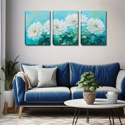 3pcs White Flowers Blooming Blue-Green Perfect Wall Art Set Canvas Framed 60x90cm - High Quality Print 100% Australian Made Wall Canvas Ready to Hang - Bella Home Decor