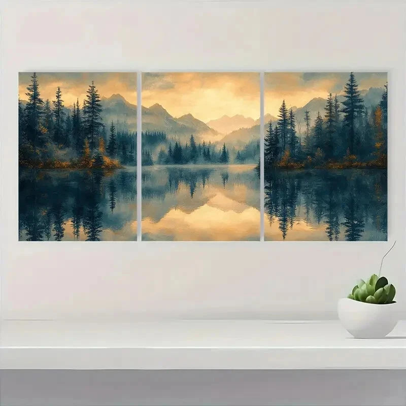 3pcs Misty Forest Reflection Landscape Metal Print Ready to Hang Art - Bella Home Decor