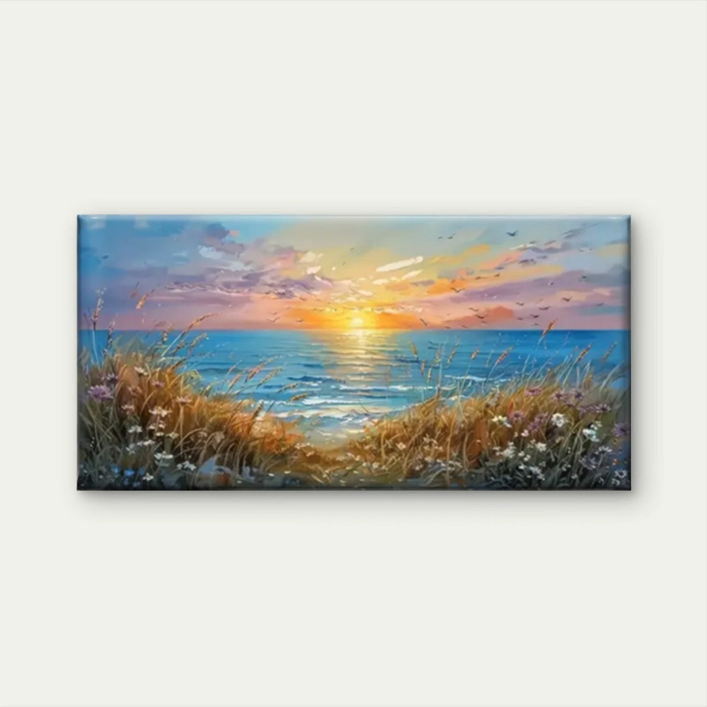 Ocean Sunset Flowers Field Wall Art Canvas Office Home Room Framed 120x60cm