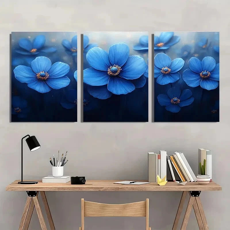 3pcs Painting Print Blue Flower Art Nature Art Metal Print Ready to Hang Art - Bella Home Decor