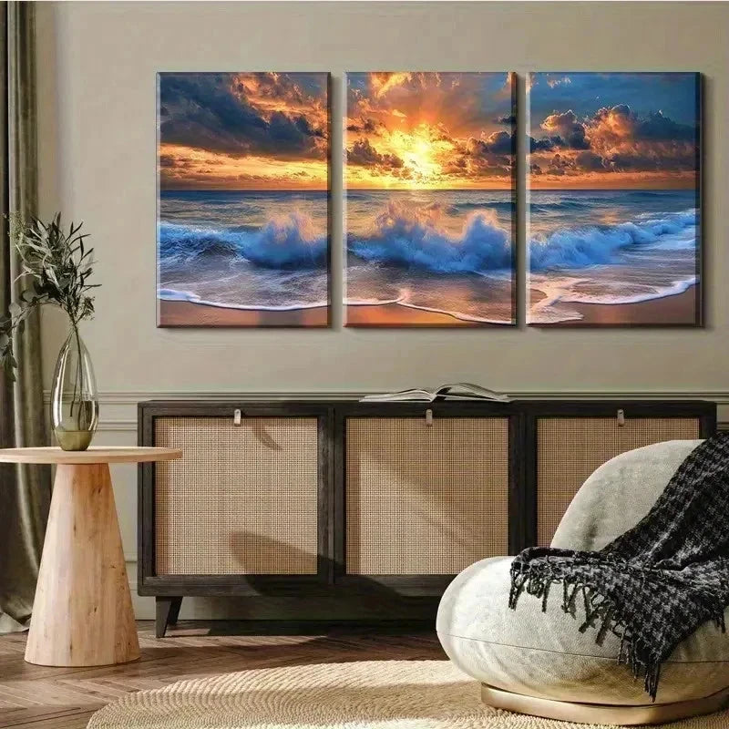 3pcs Ocean Sunset Vibrant Beach Scene Wall Art Set Canvas Framed 60x90cm - High Quality Print 100% Australian Made Wall Canvas Ready to Hang