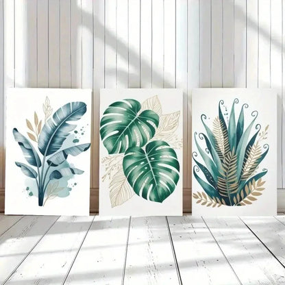 3pcs Monstera Leaves Palm Leaves Golden Accents Metal Print Ready to Hang Art