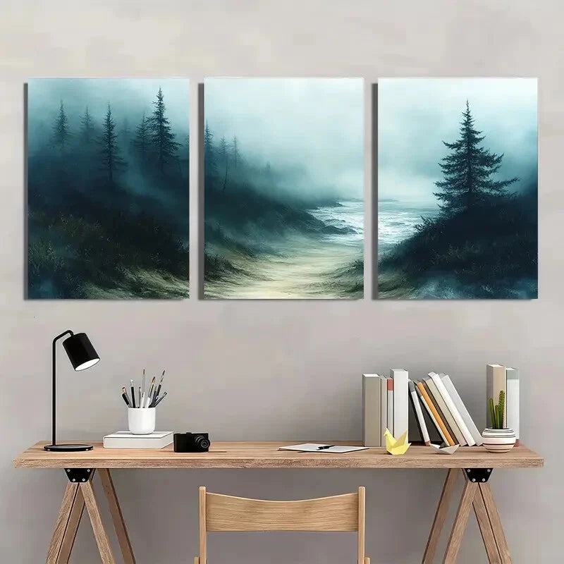 3pcs Misty Foggy Beach Abstract Seascape Metal Print Ready to Hang Art - Bella Home Decor