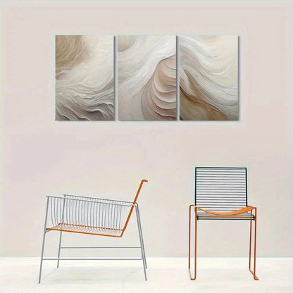 3pcs Abstract Wave Neutral Beige & Textured Metal Print Ready to Hang Art - Bella Home Decor