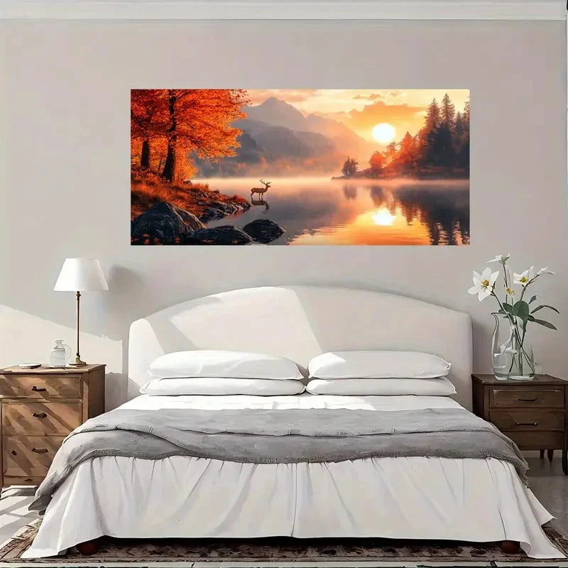Autumn Lake Sunset Scene Wall Art Canvas Office Home Room Framed 120x60cm