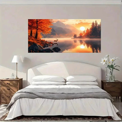 Autumn Lake Sunset Scene Wall Art Canvas Office Home Room Framed 120x60cm
