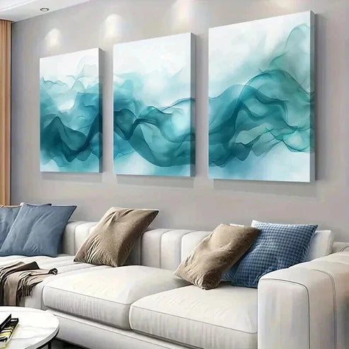 3pcs Minimalist Fluid Teal Wave Design Wall Art Canvas Unframed - High Quality Print 100% Australian Made Wall Canvas