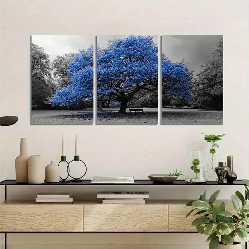 3pcs Featuring a Blue Tree in a Park Metal Print Ready to Hang Art - Bella Home Decor