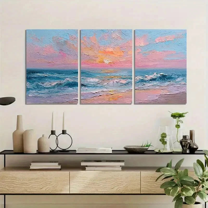 3pcs Pink And Blue Beach Sunset in Oil Painting Metal Print Ready to Hang Art - Bella Home Decor