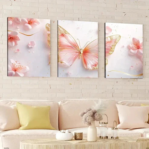 3pcs Abstract Geometric Pink & Golden Butterfly Wall Art Canvas Unframed - High Quality Print 100% Australian Made Wall Canvas - Bella Home Decor