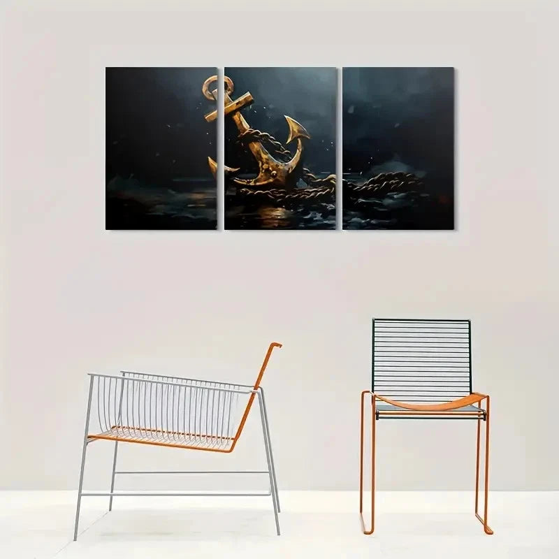 3pcs Golden Anchor Triptych Ocean Theme Metal Print Ready to Hang Art - Bella Home Decor