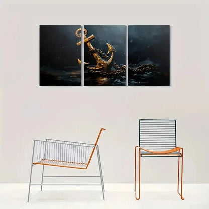 3pcs Golden Anchor Triptych Ocean Theme Metal Print Ready to Hang Art - Bella Home Decor