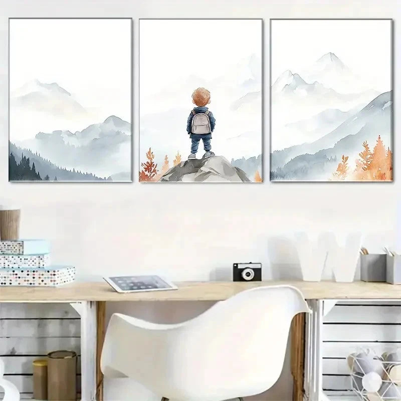 3pcs Boys' Mountain and Watercolor Scenery Metal Print Ready to Hang Art - Bella Home Decor