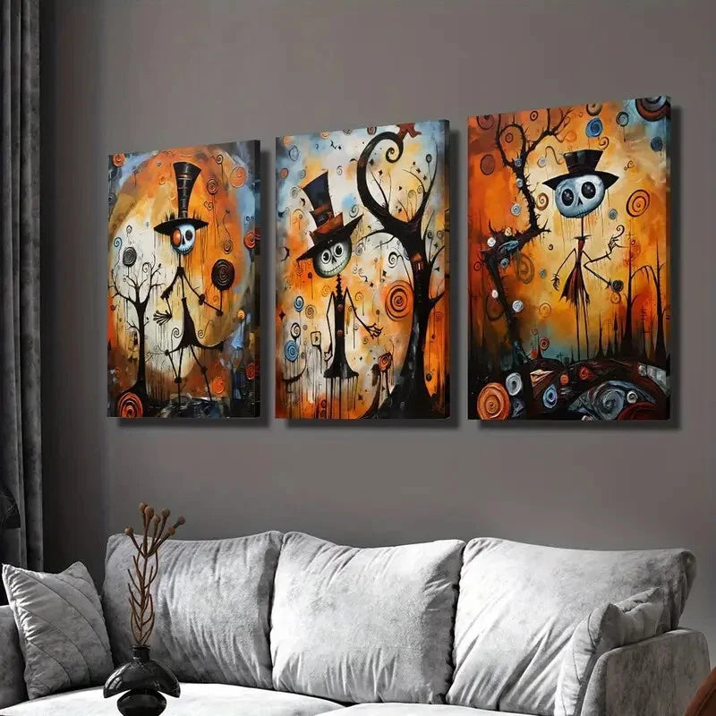 3pcs Pumpkin Surreal Skull Art PS    Wall Art Set Canvas Framed 50x70cm - High Quality Print 100% Australian Made Wall Canvas Ready to Hang
