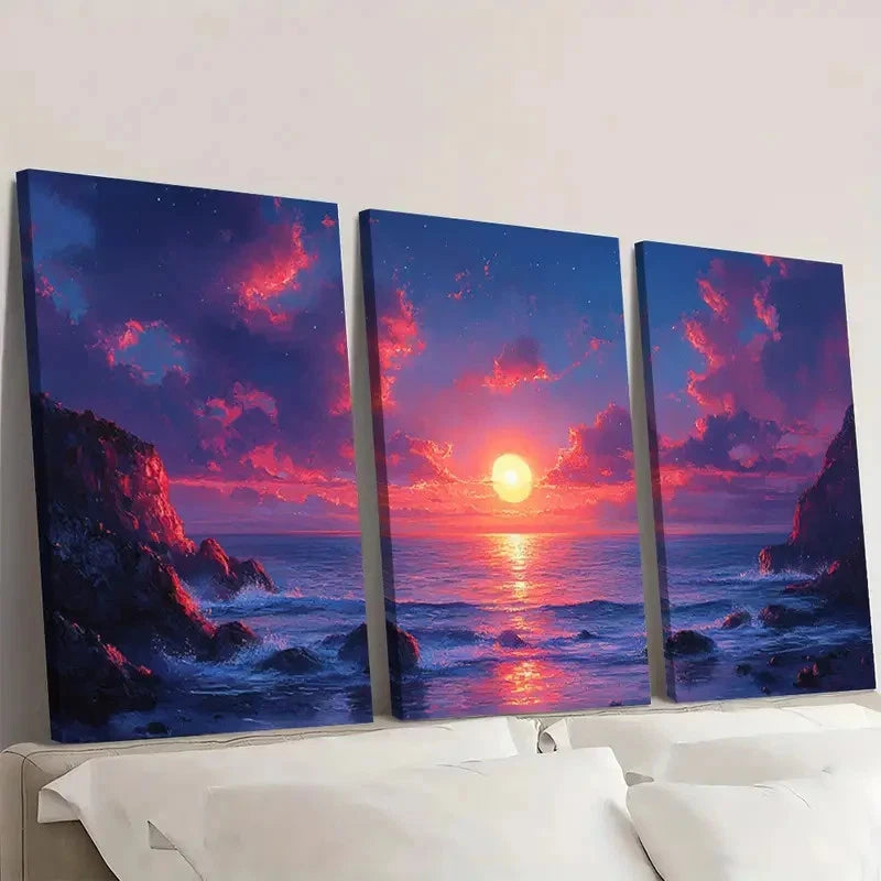 3pcs Cliffside Sunset Seascape Painting GH   Wall Art Set Canvas Framed 40x60cm - High Quality Print 100% Australian Made Wall Canvas Ready to Hang - Bella Home Decor
