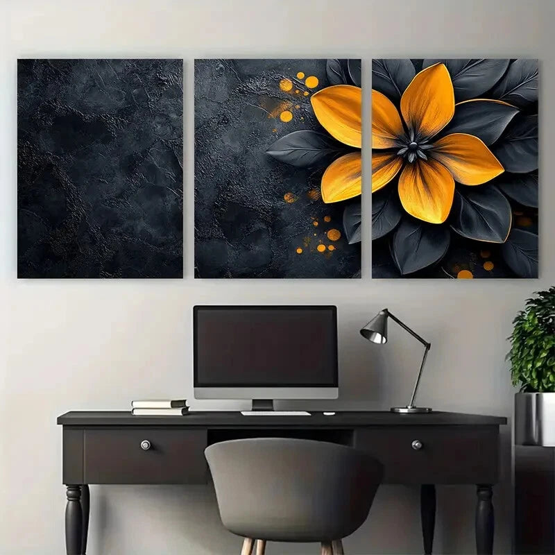 3pcs Black Yellow Floral Geometric Abstract Design Metal Print Ready to Hang Art - Bella Home Decor