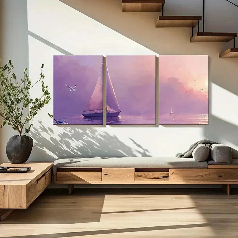 3pcs Sailing Boat Seagulls Sunset Ocean Metal Print Ready to Hang Art - Bella Home Decor