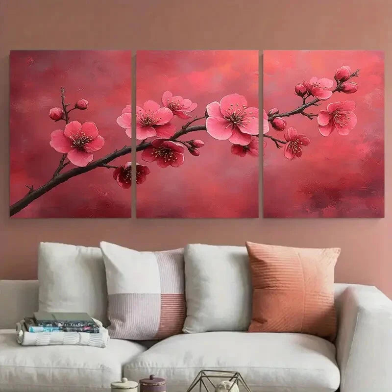 3pcs Elegant Pink Floral Branch Modern Boho Design Metal Print Ready to Hang Art - Bella Home Decor