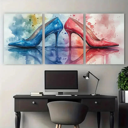3pcs Vibrant Watercolour Shoe Collection Design Metal Print Ready to Hang Art