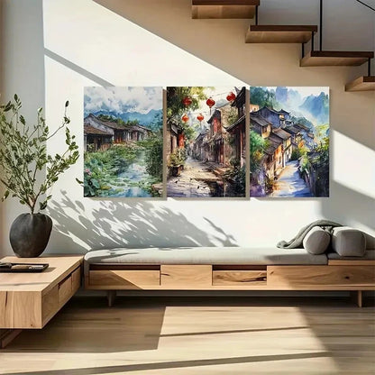 3pcs Scenic Asian Chinese Architecture Landscapes Metal Print Ready to Hang Art - Bella Home Decor