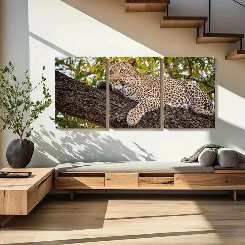 3pcs Leopard on a Tree Sleeping Decor Wall Art Set Canvas Framed 50x70cm - High Quality Print 100% Australian Made Wall Canvas Ready to Hang - Bella Home Decor