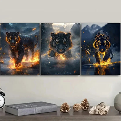 3pcs Featuring a Black Tiger with Golden Eyes Metal Print Ready to Hang Art - Bella Home Decor
