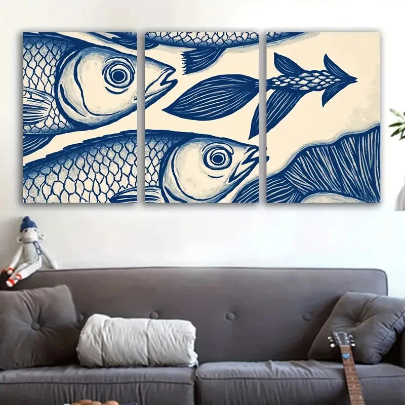 3pcs Blue and White Fish Navy Blue & Beige Tones Metal Print Ready to Hang Art - Bella Home Decor