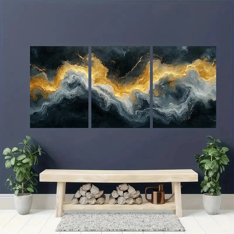3pcs Minimalist Abstract Golden & Black Wave Metal Print Ready to Hang Art - Bella Home Decor