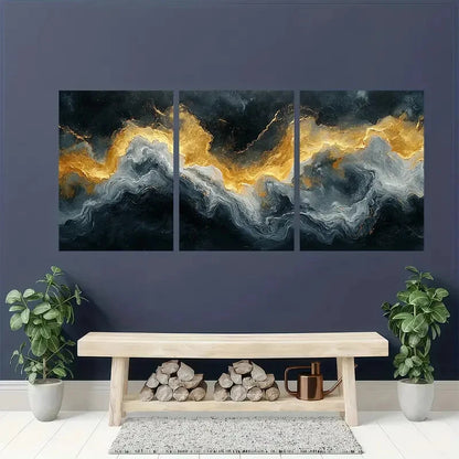 3pcs Minimalist Abstract Golden & Black Wave Metal Print Ready to Hang Art - Bella Home Decor